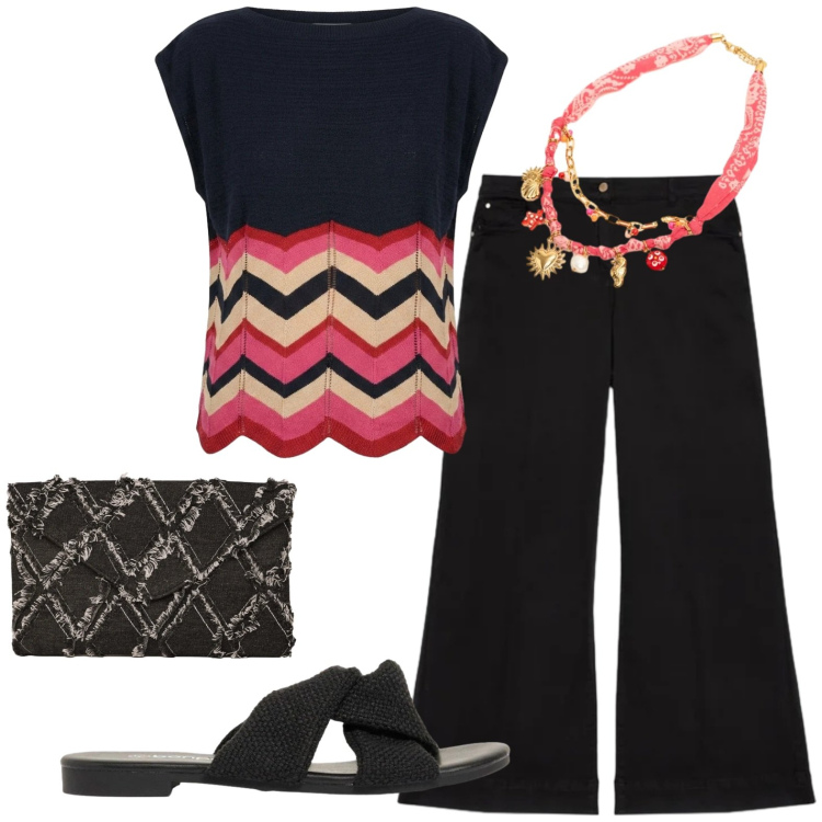 Outfit donna - Casual chic. Stile Casual chic per Tutti i giorni. Abbinamento con sandali, pantaloni, t-shirt, collane, clutch.