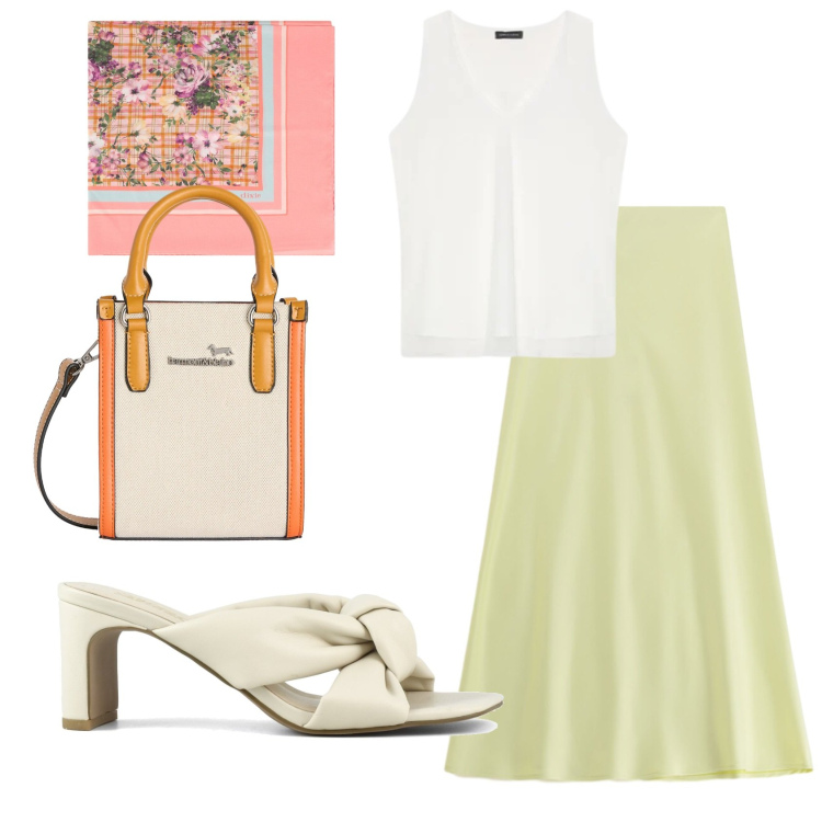 Outfit donna - Aperitivo a Capri. Stile Chic per Serata fuori. Abbinamento con gonne lunghe, borse tote, top, foulard, sandali col tacco.