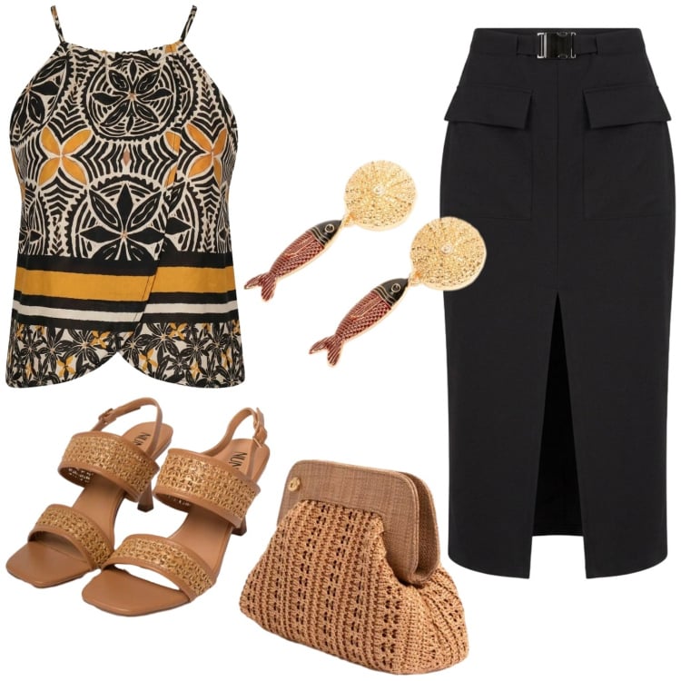 Outfit donna - Chic di giorno. Stile Chic per Tutti i giorni. Abbinamento con gonne longuette, sandali in pelle, orecchini, canottiere, clutch.