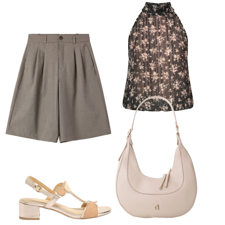 Outfit donna - Comfort chic. Stile Casual chic per Tutti i giorni. Abbinamento con sandali col tacco, bermuda, borse a tracolla, top.