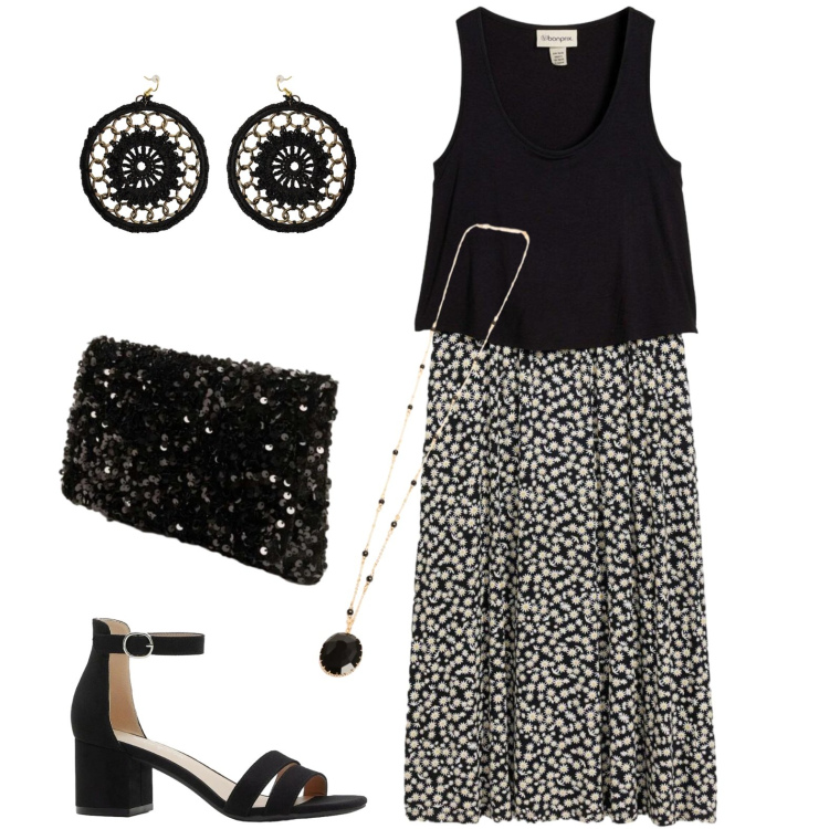 Outfit donna - Casual chic. Stile Casual chic per Tutti i giorni. Abbinamento con vestiti midi/longuette, sandali col tacco, orecchini, collane, clutch.