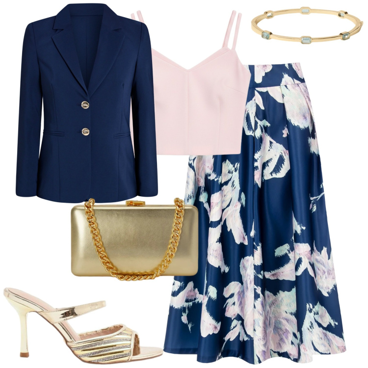 Outfit donna - Cerimonia. Stile Chic per Cerimonia. Abbinamento con gonne longuette, blazer, top, sabot, clutch, braccialetti.
