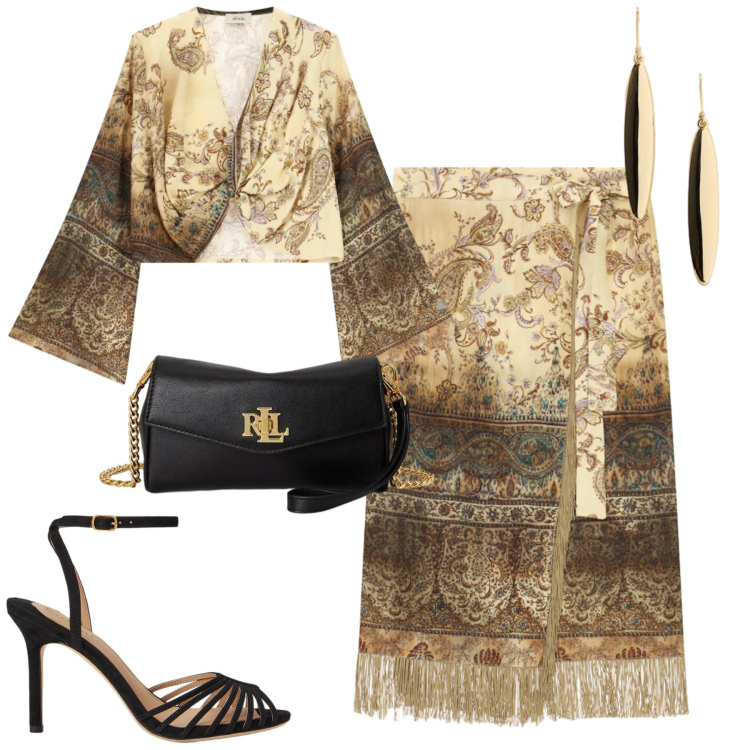 Outfit donna - Serata. Stile Glamour per Serata fuori. Abbinamento con sandali col tacco, portafogli, orecchini, gonne lunghe, top.