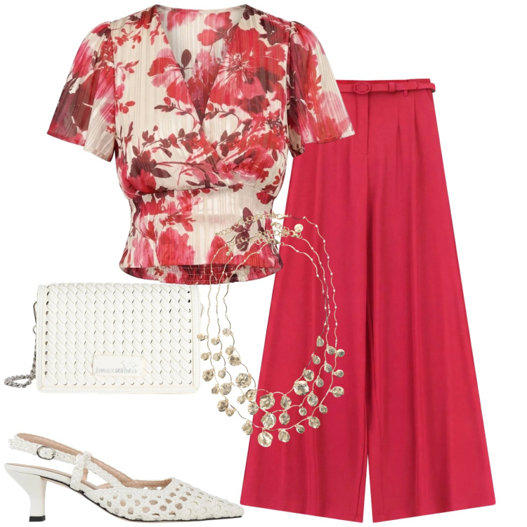 Outfit donna - Elegante casual. Stile Casual chic per Tutti i giorni. Abbinamento con décolleté, borse a tracolla, pantaloni a palazzo, collane, top.