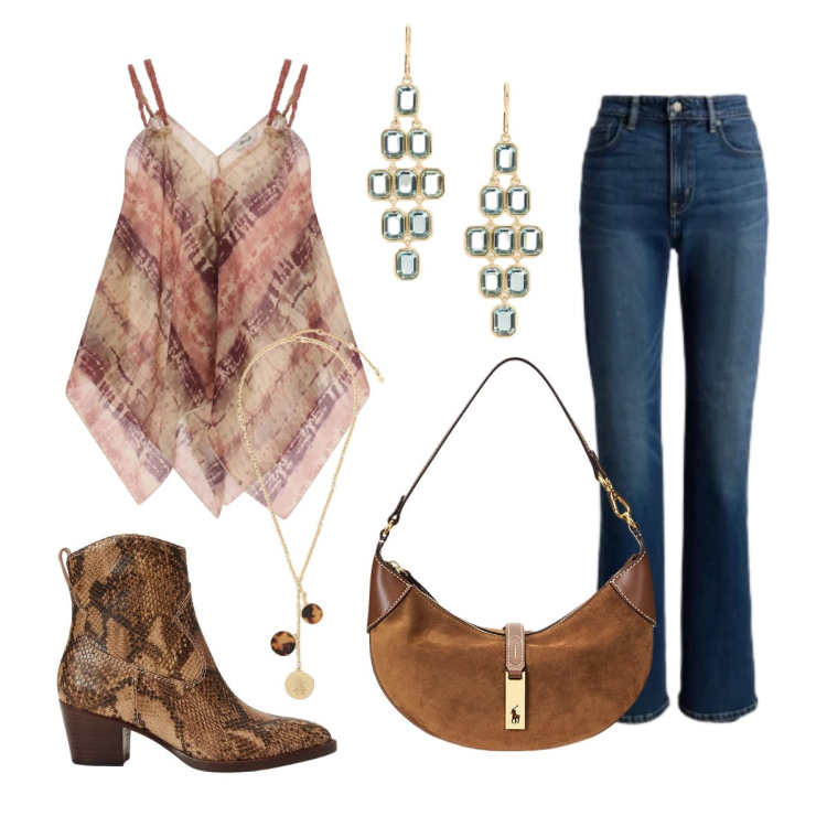 Outfit donna - Like Ellie from Off Campus. Stile Boho per Serata fuori. Abbinamento con top, borse a spalla, jeans, orecchini, collane, stivaletti.
