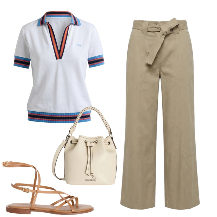 Outfit donna - Total look #2419307. Stile Casual per Ufficio. Abbinamento con sandali in pelle, polo, pantaloni, borse a secchiello.