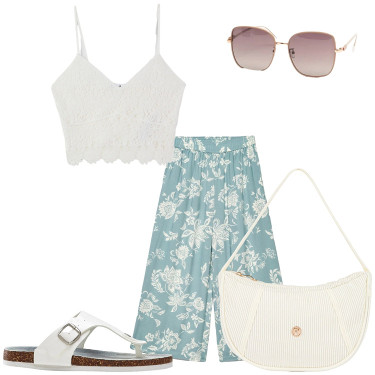 Outfit donna - Passeggiata in città. Stile Casual per Tutti i giorni. Abbinamento con infradito, pantaloni a palazzo, top, borse a mano, occhiali da sole.