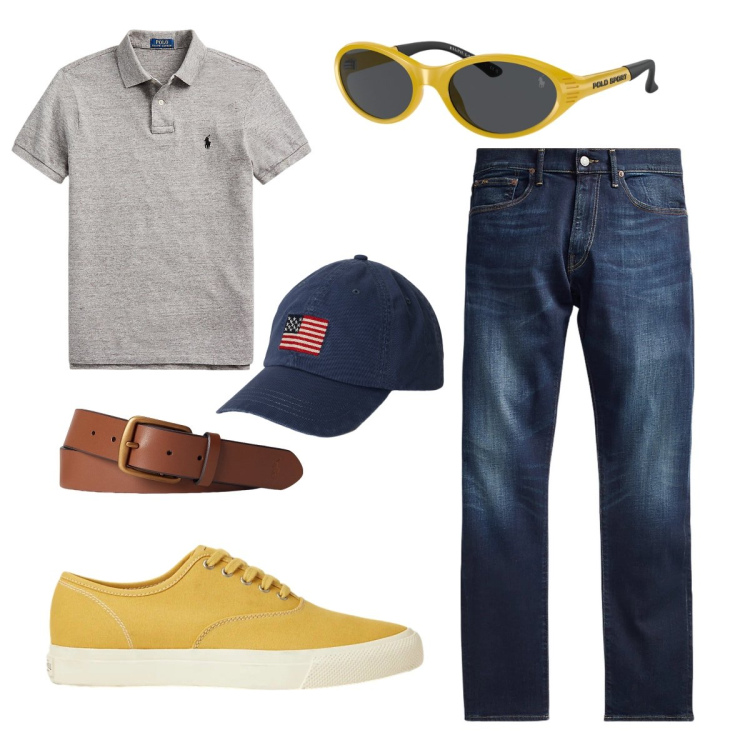 Outfit uomo - 2000 fit. Stile Casual per Tutti i giorni. Abbinamento con cinture, polo, sneakers, cappelli con visiera, jeans, occhiali da sole.