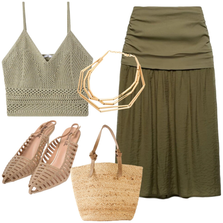 Outfit donna - Total look #2419310. Stile Casual per Tutti i giorni. Abbinamento con shopping bag, gonne longuette, top, scarpe col tacco, collane.