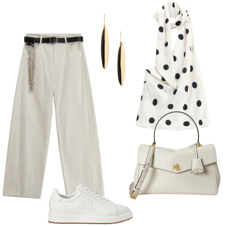 Outfit donna - Il top bianco a pois. Stile Casual per Tutti i giorni. Abbinamento con pantaloni a palazzo, sneakers, borse a mano, orecchini, top.