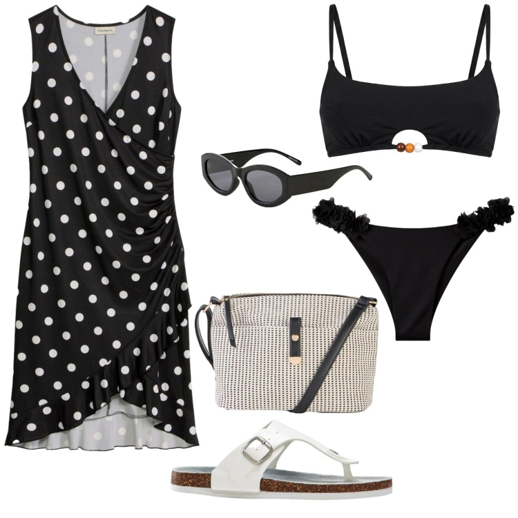Outfit donna - Al mare. Stile Casual per Mare. Abbinamento con vestiti, borse a tracolla, infradito, occhiali da sole, bikini, bikini.