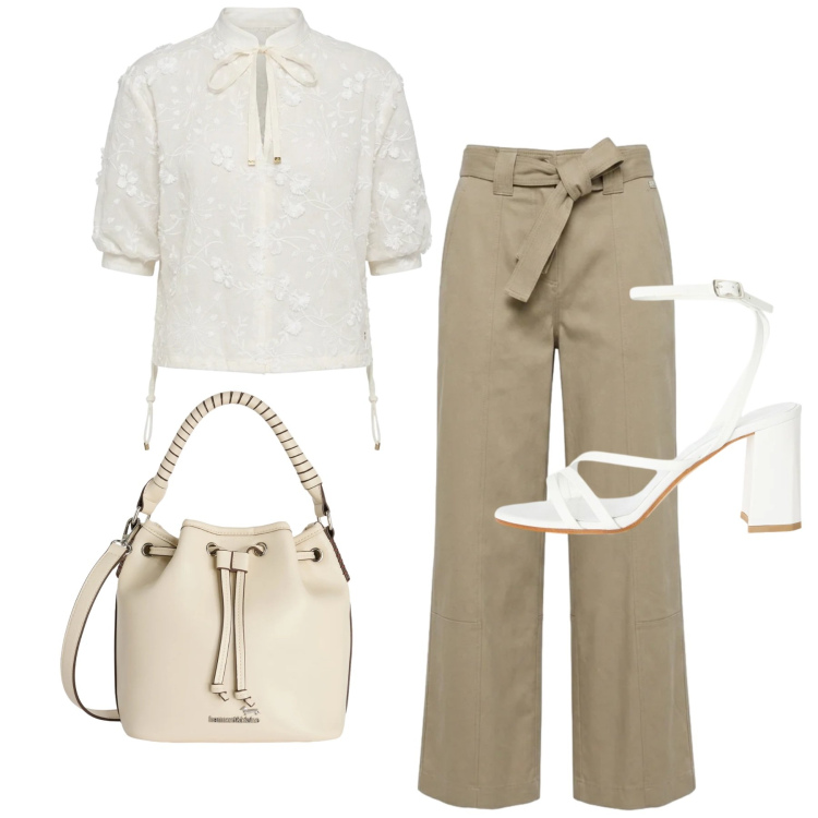 Outfit donna - Casual chic mediterraneo. Stile Casual chic per Tutti i giorni. Abbinamento con sandali in pelle, pantaloni, bluse, borse a secchiello.