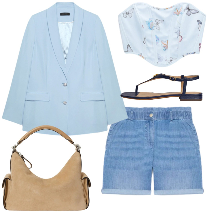 Outfit donna - Mediterranean Chic. Stile Casual chic per Tutti i giorni. Abbinamento con top, blazer, shorts, borse a spalla, sandali in pelle.