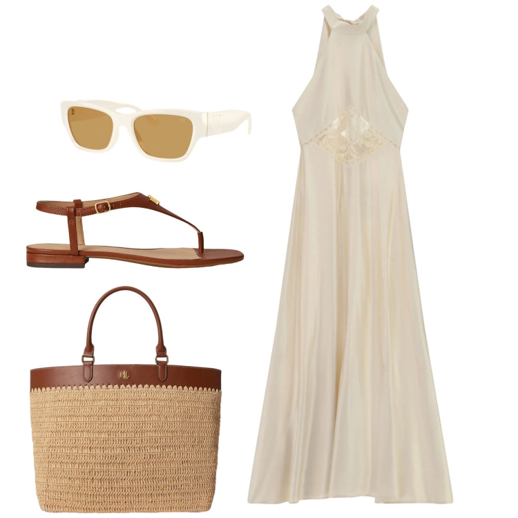Outfit donna - Mediterranean Chic. Stile Chic per Tutti i giorni. Abbinamento con vestiti lunghi, borse tote, sandali in pelle, occhiali da sole.