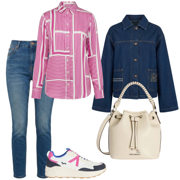 Outfit donna - Total look #2419323. Stile Glamour per Ufficio. Abbinamento con sneakers, borse a secchiello, camicie, cappotti, jeans.