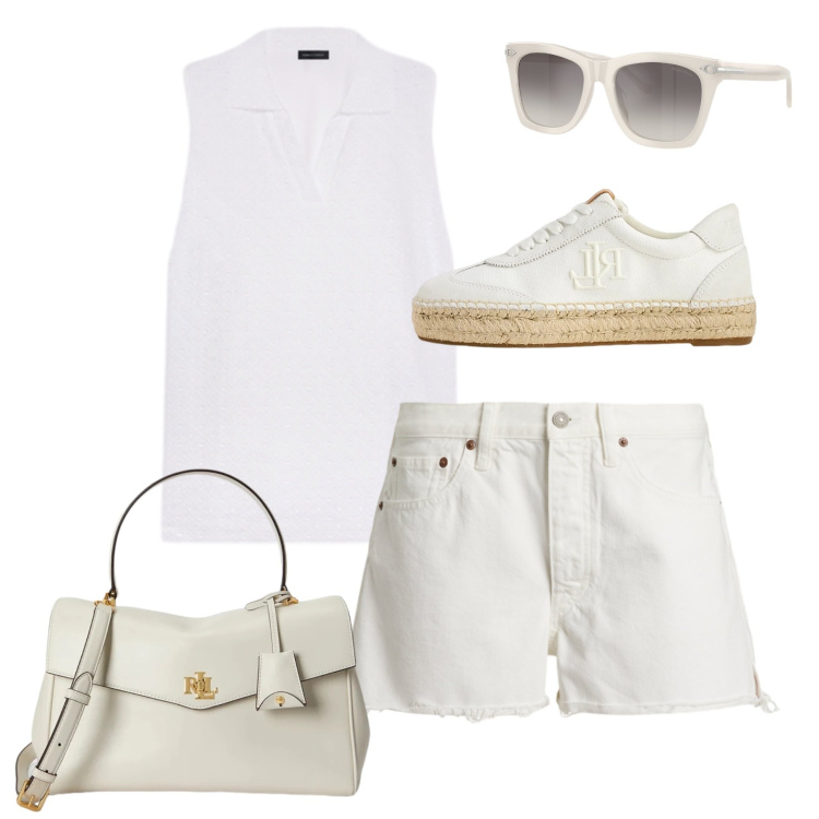 Outfit donna - Total white di giugno. Stile Casual per Tutti i giorni. Abbinamento con polo, shorts, borse a mano, sneakers, occhiali da sole.