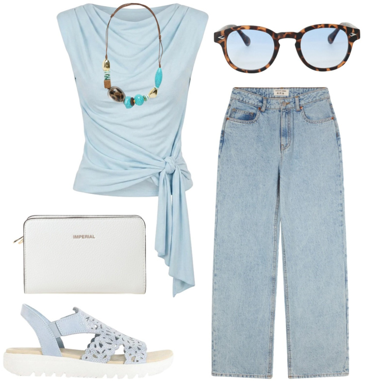 Outfit donna - Casual. Stile Casual per Tutti i giorni. Abbinamento con sandali col tacco, jeans, collane, occhiali da sole, top, borse a tracolla.