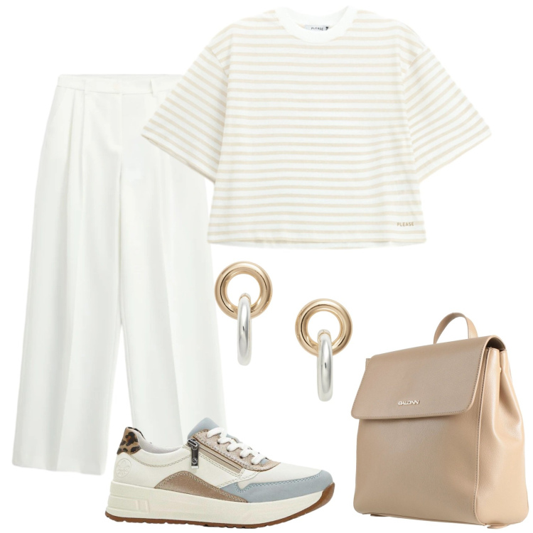 Outfit donna - Total look #2419328. Stile Casual per Tutti i giorni. Abbinamento con zaini, sneakers, pantaloni a palazzo, t-shirt, orecchini.