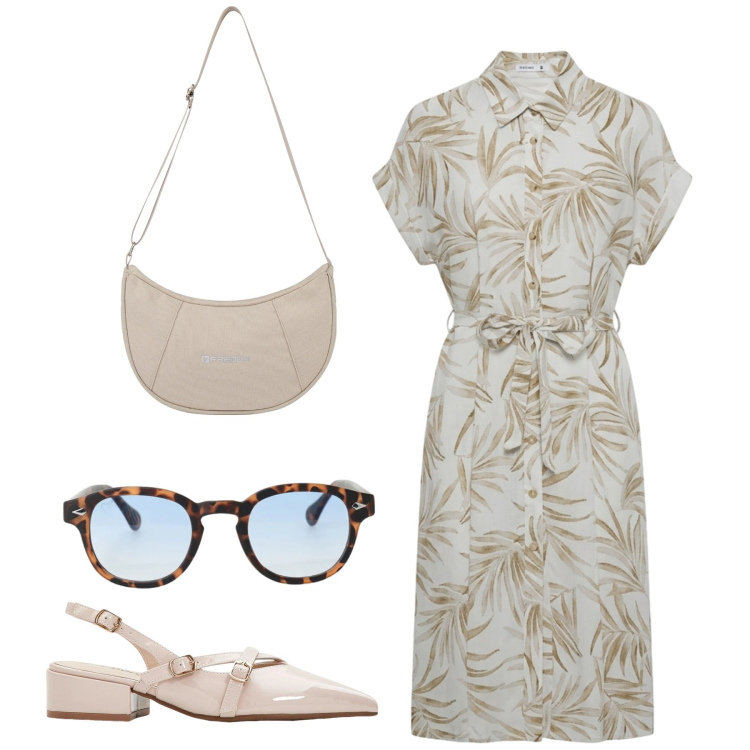 Outfit donna - Total chemisier. Stile Bon Ton per Ufficio. Abbinamento con décolleté, vestiti chemisier, borse a spalla, occhiali da sole.