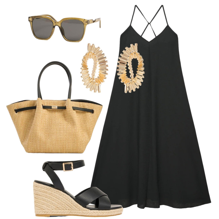 Outfit donna - Stile naturale curvy. Stile Boho per Tutti i giorni. Abbinamento con zeppe, shopping bag, vestiti lunghi, orecchini, occhiali da sole.