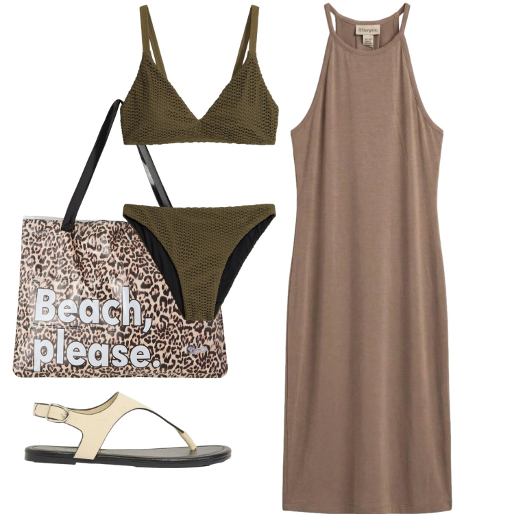 Outfit donna - Total brown. Stile Chic per Mare. Abbinamento con vestiti, infradito, bikini, borse tote.