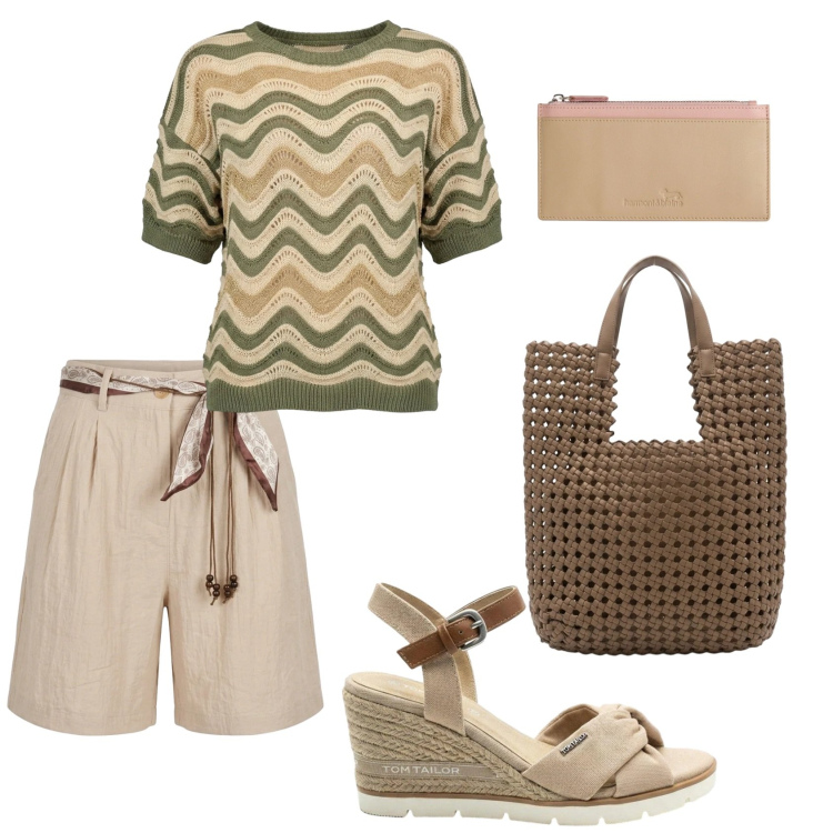 Outfit donna - Total look #2419347. Stile Casual per Tutti i giorni. Abbinamento con sandali col tacco, portafogli, bermuda, t-shirt, borse tote.