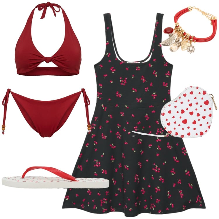 Outfit donna - Vacanza. Stile Casual per Mare. Abbinamento con portafogli, infradito, vestiti corti, braccialetti con ciondoli, bikini, bikini.