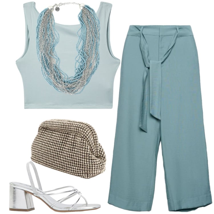 Outfit donna - Chic. Stile Casual chic per Tutti i giorni. Abbinamento con sandali col tacco, top, pantaloni a palazzo, collane, clutch.