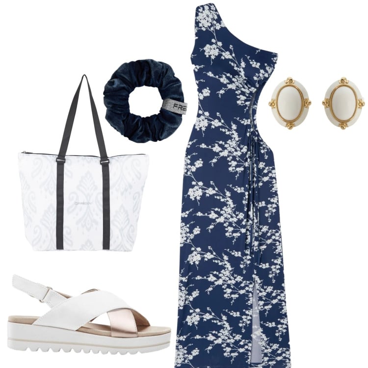 Outfit donna - Abito midi. Stile Casual chic per Tutti i giorni. Abbinamento con sandali, vestiti asimmetrici, shopping bag, accessori per capelli, orecchini.