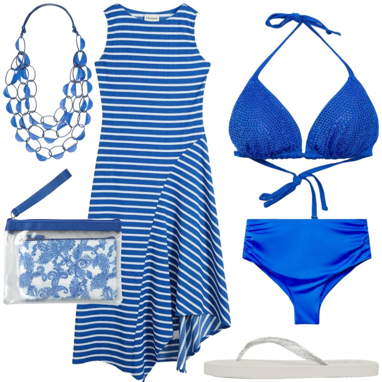 Outfit donna - Vacanze. Stile Casual per Mare. Abbinamento con vestiti lunghi, pochette, bikini, infradito, bikini, collane.