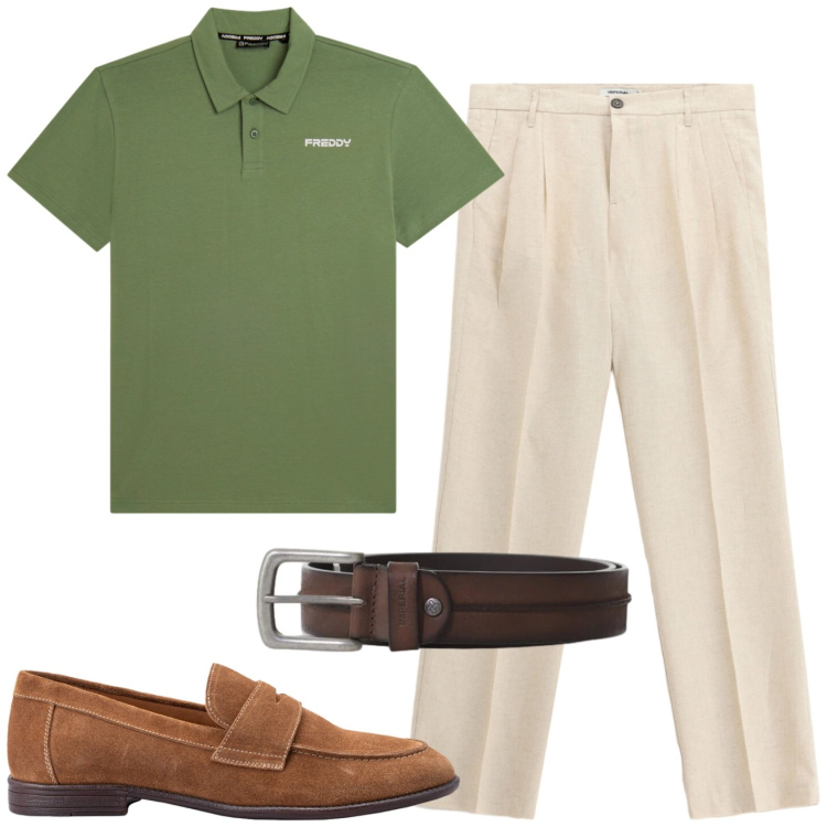 Outfit uomo - La Polo verde. Stile Casual per Tutti i giorni. Abbinamento con polo, scarpe stringate, cinture, pantaloni.