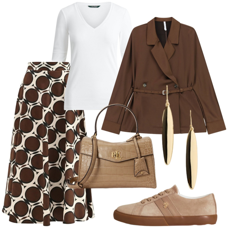 Outfit donna - Boho a fantasia. Stile Boho per Serata fuori. Abbinamento con blazer, gonne lunghe, sneakers, t-shirt, borse a mano, orecchini.