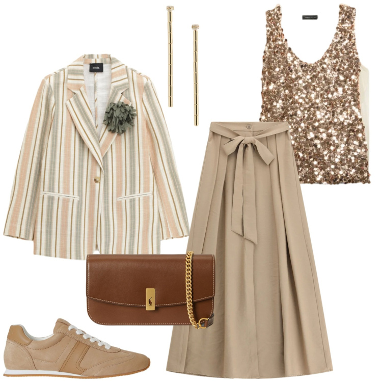 Outfit donna - La sera. Stile Glamour per Serata fuori. Abbinamento con gonne lunghe, top, clutch, sneakers, orecchini, blazer.