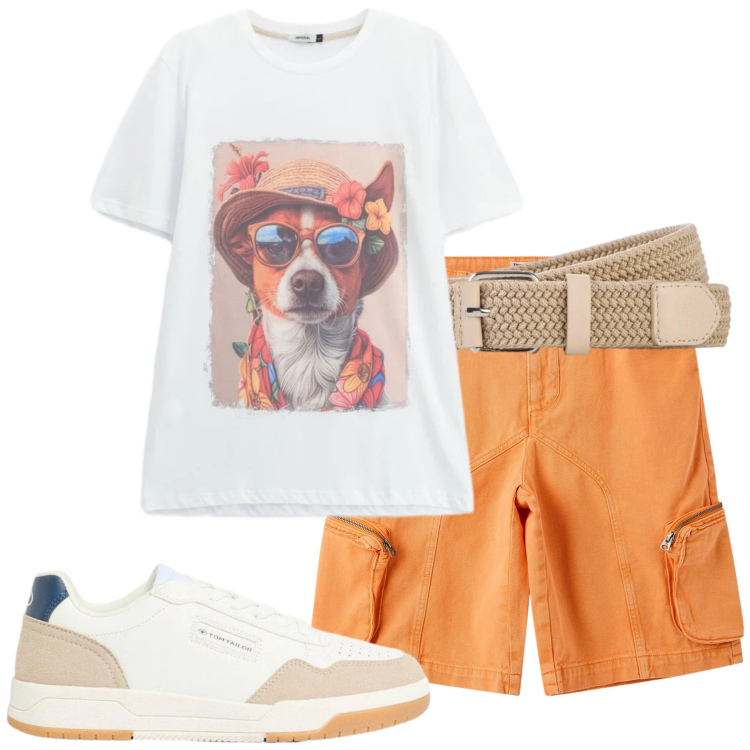 Outfit uomo - Summer Paws Adventure. Stile Casual per Tutti i giorni. Abbinamento con sneakers, cinture, borse sportive, pantaloni corti, cappelli con visiera, t-shirt.