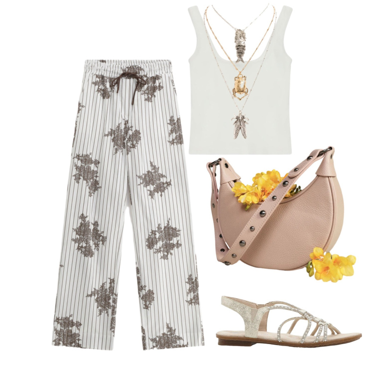 Outfit donna - Giugno. Stile Basic per Tutti i giorni. Abbinamento con sandali, pantaloni a palazzo, top, borse a spalla, ciondoli.