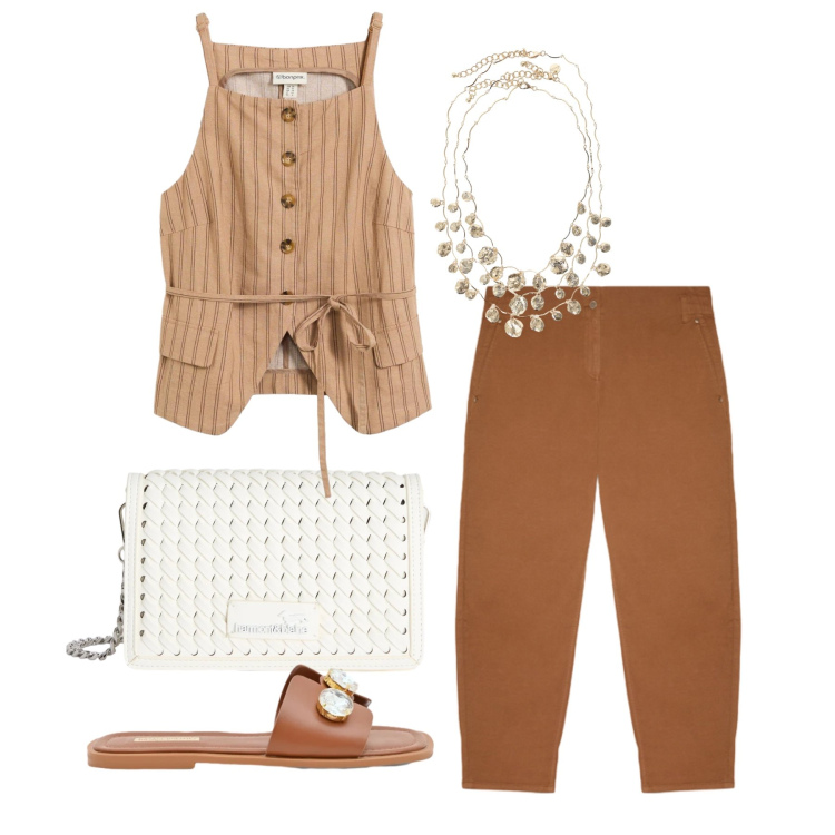 Outfit donna - Giugno. Stile Trendy per Tutti i giorni. Abbinamento con canottiere, borse a tracolla, sandali gioiello, pantaloni, collane.