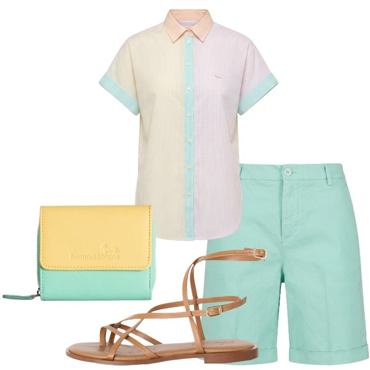 Outfit donna - Casual chic mediterraneo. Stile Casual chic per Tutti i giorni. Abbinamento con portafogli, sandali in pelle, bermuda, camicie a manica corta.