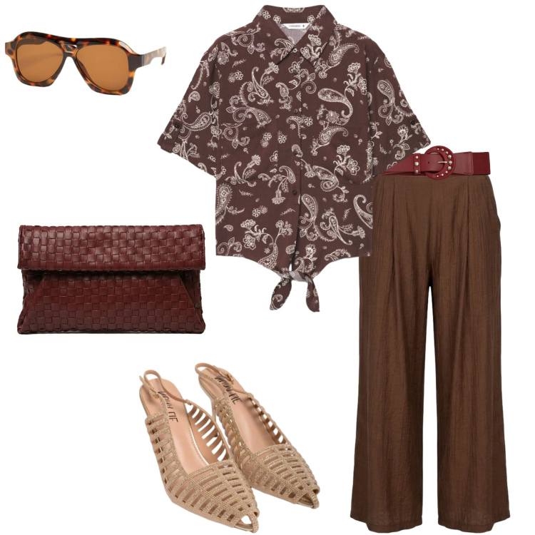 Outfit donna - Stile naturale curvy. Stile Casual chic per Ufficio. Abbinamento con camicie a manica corta, scarpe col tacco, clutch, cinture, pantaloni a palazzo, occhiali da sole.