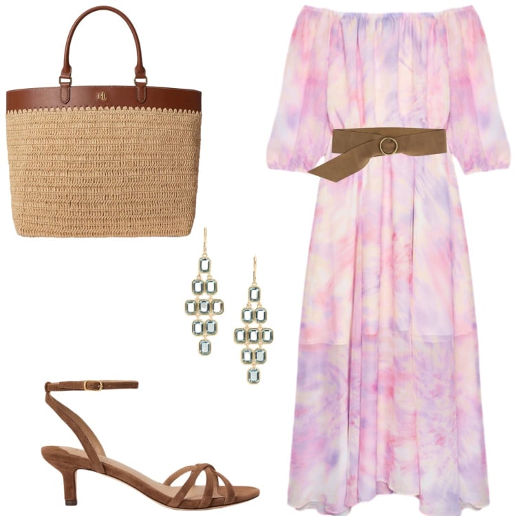 Outfit donna - Stile naturale curvy. Stile Boho per Serata fuori. Abbinamento con vestiti lunghi, orecchini, sandali col tacco, borse tote, cinture.