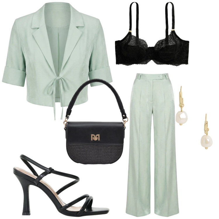 Outfit donna - Total look #2419394. Stile Minimal per Cerimonia. Abbinamento con sandali col tacco, borse a spalla, reggiseni, orecchini, pantaloni a palazzo, top.
