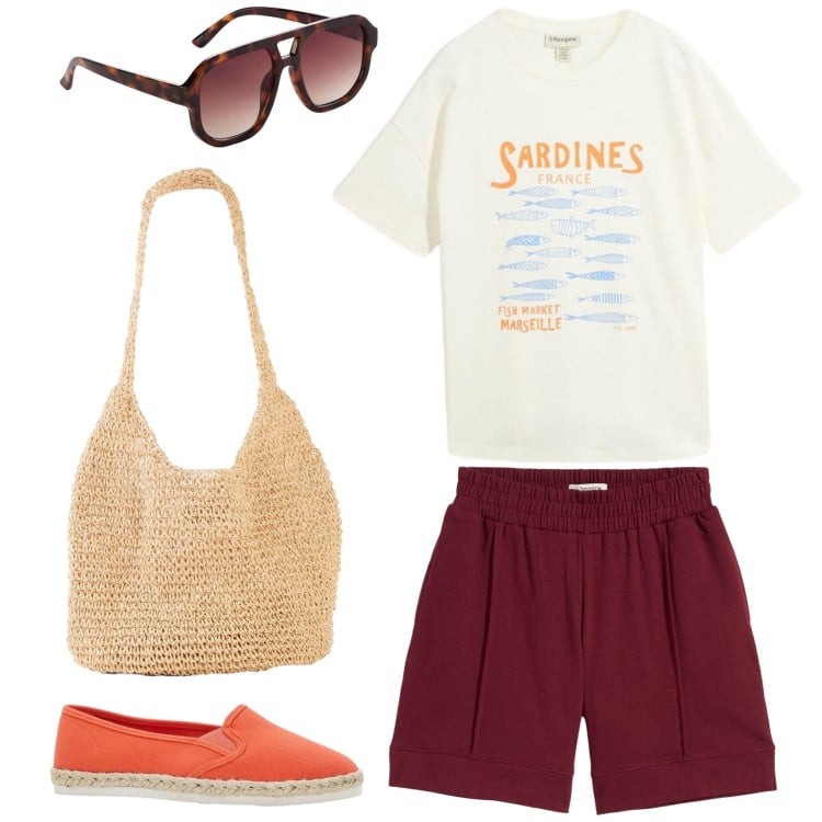 Outfit donna - Rilassata. Stile Basic per Tutti i giorni. Abbinamento con espadrillas, t-shirt, occhiali da sole, shorts, shopping bag.