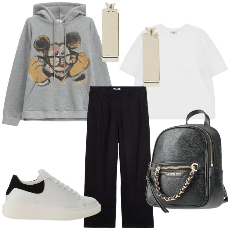 Outfit donna - Total look #2419399. Stile Sporty chic per Sport. Abbinamento con zaini, pantaloni, sneakers, felpe con cappuccio, t-shirt, orecchini.