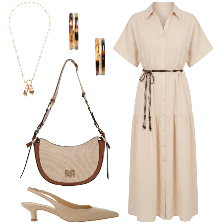 Outfit donna - Lo chemisier. Stile Casual chic per Ufficio. Abbinamento con ciondoli, borse a tracolla, orecchini, décolleté, vestiti chemisier.