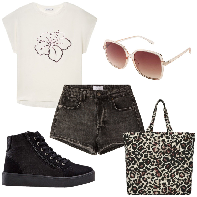 Outfit donna - Total look #2419401. Stile Casual per Tutti i giorni. Abbinamento con sneakers alte, occhiali da sole, t-shirt, shopping bag, shorts.