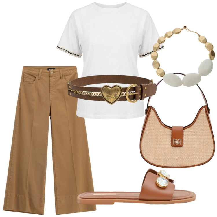 Outfit donna - Total look #2419404. Stile Basic per Ufficio. Abbinamento con sandali gioiello, t-shirt, borse a spalla, pantaloni a palazzo, collane, cinture.