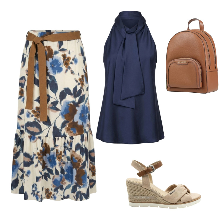 Outfit donna - Blu floreale con tocchi camel. Stile Romantica per Tutti i giorni. Abbinamento con zaini, sandali col tacco, gonne lunghe, top.
