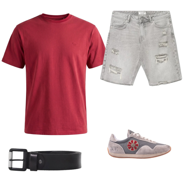 Outfit uomo - Weekend Urban Red. Stile Urban per Tutti i giorni. Abbinamento con t-shirt, shorts, sneakers, cinture.