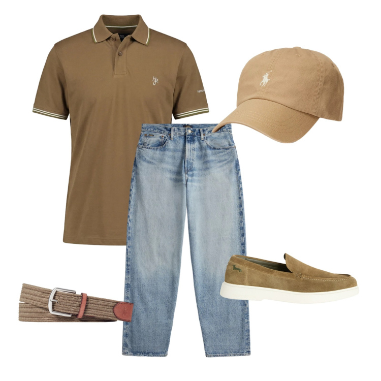 Outfit uomo - Toni della terra. Stile Casual per Tutti i giorni. Abbinamento con polo, scarpe stringate, cinture, jeans, cappelli con visiera.