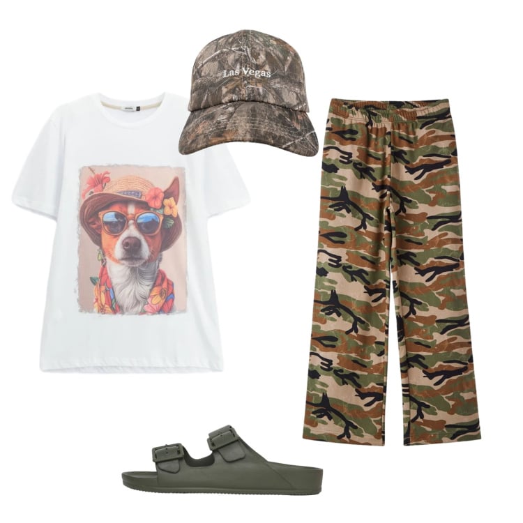 Outfit uomo - Dog sitter. Stile Trendy per Tutti i giorni. Abbinamento con pantaloni, cappelli con visiera, sandali, t-shirt.