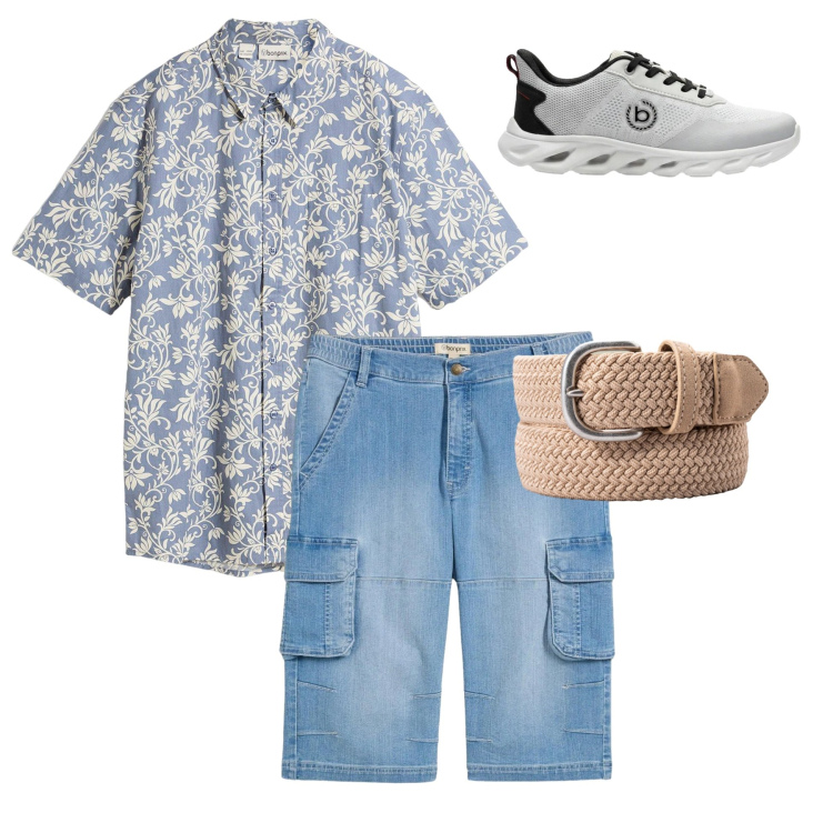 Outfit uomo - Azzurro d\'Estate. Stile Urban per Tutti i giorni. Abbinamento con camicie a manica corta, bermuda, sneakers, cinture.